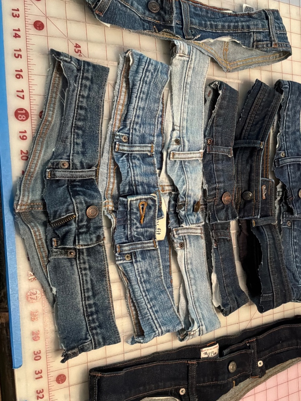 8 Reclaimed Denim Jean Waistbands Lot Upcycled Sewing Crafts Mixed Wash